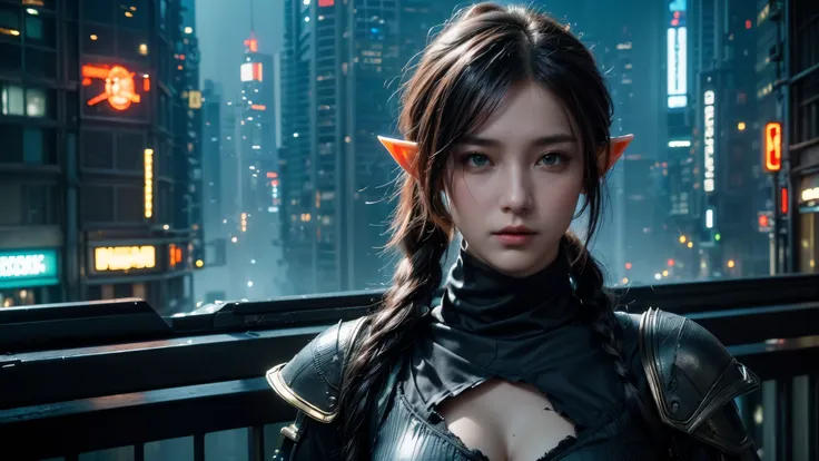  masterpiece,in your own home,high resolution, 8,000,(Portrait Photos:1.5),(R Original photo),REAL PICTURES,Digital photography,(Cyberpunk style city streets，Bustling city streets，Neon sign，After the Rain，Mist),(Female elves), 20 year old girl, random hair...
