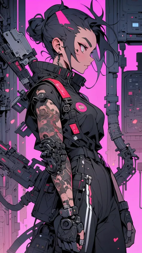 The image features a vibrant and futuristic character with a cyberpunk aesthetic. The character has a pink and black outfit adorned with various colorful elements, including geometric shapes and patterns. The character's face is partially obscured by a mec...