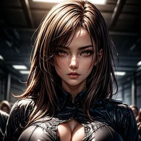 ((best quality)), ((Masterpiece)), ((Enrich the picture，Masterpiece level quality)), golden hair, long hair, very big breasts, golden eyes, fierce woman, ultra eyes details, best quality, RAW 4K,  Realistically, ( cinematic lighting, moody, textile shading...