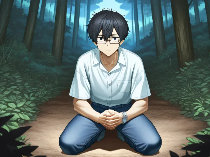 A close-up of Taku, a mid-20s Japanese man with sharp, intelligent eyes and slightly disheveled black hair. He is kneeling in a forest during the day, staring in wonder at a mysterious silver watch clasped in his hands. There is some dirt on his hands and ...
