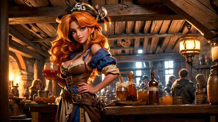 ((tavern and brothel filled with men)), ((1 redheaded tavern wench serving drinks to old pirates)), ((messy hair, orange hair)), ((1 serving girl)), ((solo girl)), ((ager)), ((loli)), ((littlegirl)), ((Smiling)), ((little)), ((dark tan skin)), ((cute girl...