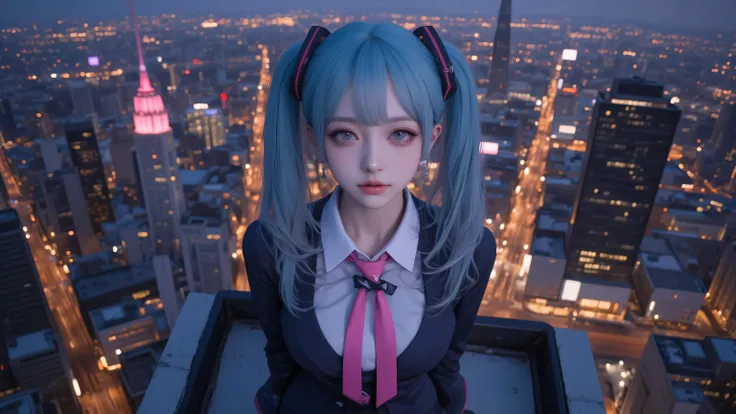 High quality professional photography,realistic, an Asian girl ,fair face,vivid and realistic facial details,Wearing Hatsune Miku's costume,Standing on the roof of a tall building in the city,Drone captures the girl's full body,Night view of the city is hu...