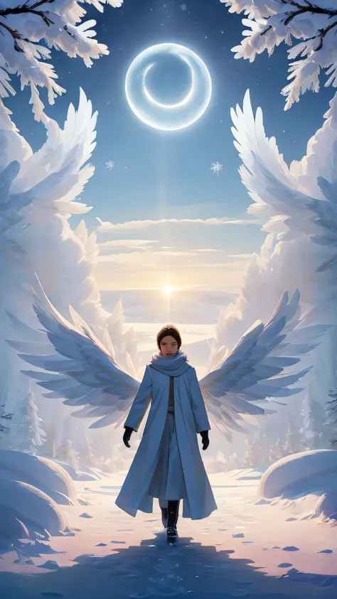 aasimar, european appearance, 1kid, 1child, 1baby, 1teen, 1teenager, playing outside, snowy winter day, golden eyes sparkle, fresh snow, footprints, faint celestial halo glows softly above head, cozy winter coat, celestial embroidery, fluffy scarf, mittens...