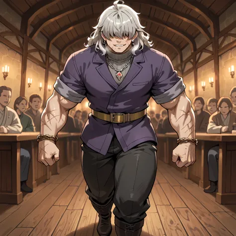{man1}:(man1 who looks like Manjiro Sano, human ears, thirty-two year old man, wavy hair, strong-bodied man, developed physique: 1.2, muscular body: 1.2, purple jacket, gray turtleneck underneath the jacket, gold belt on long pants, black army pants, silve...