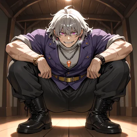 {man1}:(man1 who looks like Manjiro Sano, human ears, thirty-two year old man, wavy hair, strong-bodied man, developed physique: 1.2, muscular body: 1.2, purple jacket, gray turtleneck underneath the jacket, gold belt on long pants, black army pants, silve...