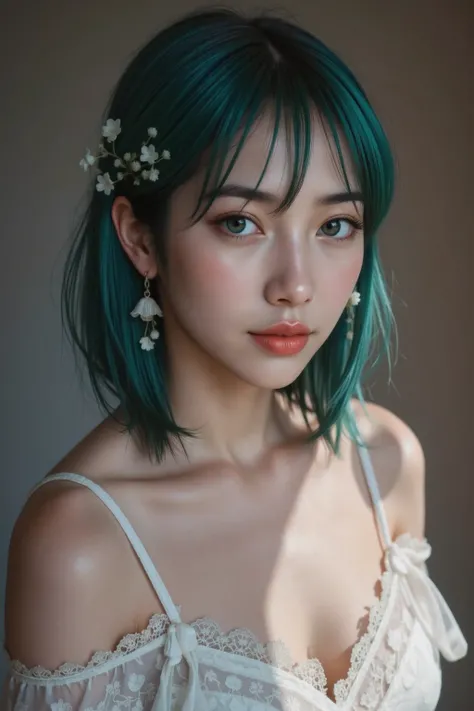 Full image of beautiful asian girl with short green hair and green eyes. She wears thin white underwear, white high heels, stands confidently against a gradient dark background, giving a powerful and charming feel. The style of the image is semi-realistic ...