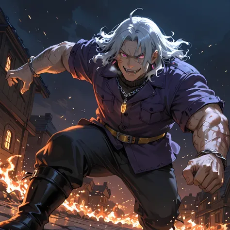 {man1}:(man1 who looks like Manjiro Sano, human ears, thirty-two year old man, wavy hair, strong-bodied man, developed physique: 1.2, muscular body: 1.2, purple jacket, gray turtleneck underneath the jacket, gold belt on long pants, black army pants, silve...