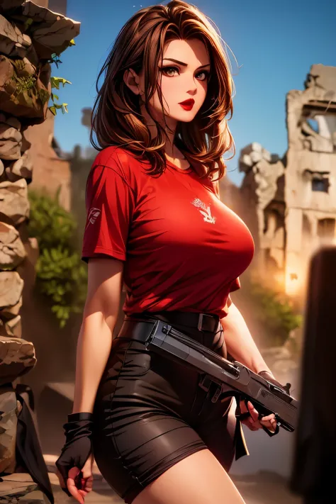 La mujer, ((camiseta roja, red t-shirt, pantalon, pantalon verde, green throuser, fingerless gloves, sneakers, red sneakers))), ((ruinas al fondo, ruins, muy detallado, Realistic long-term photography., 4k, pelo largo, brown hair, By the chestnut, labios r...