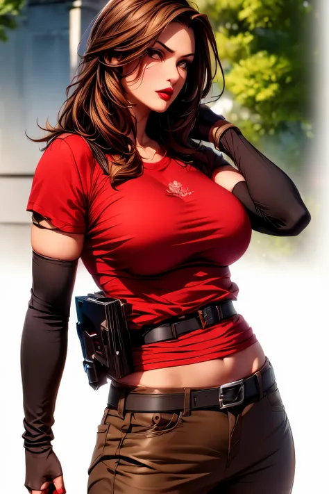 La mujer, ((camiseta roja, red t-shirt, pantalon, pantalon verde, green throuser, fingerless gloves, sneakers, red sneakers, belt,cartridge belt))), ((ruinas al fondo, ruins, muy detallado, Realistic long-term photography., 4k, pelo largo, brown hair, By t...