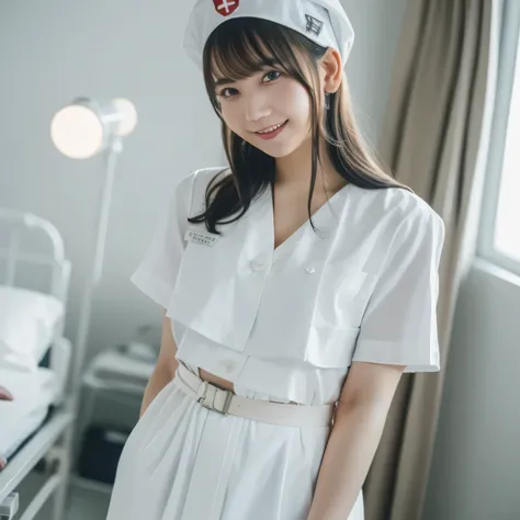 A breathtakingly beautiful 20-year-old woman stands in a warmly lit hospital room, dressed in a white mini-skirt nurse uniform with a matching cap. Her shy smile adds a touch of charm, while the surrounding medical equipment and furnishings create an authe...
