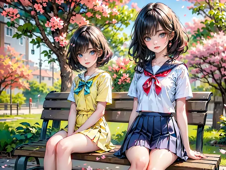 Best quality, 8K, best quality, masterpiece, ultra-realistic, ((high school girl with odd eyes)), ((heterochromia, yellow eyes, blue eyes)), ((exquisite sparkling eyes)), (very fine eyes), (long platinum and purple hair), princess cut, ((transparent smooth...