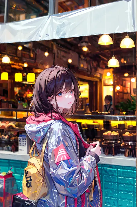 high definition raw color photos , professional shooting, (((((Bokeh))))), written border depth, captured with a sony α7 IV,Future Girl, purple eyes, space, pink hair, long hair, Futuristic Coffee Shop,one girl,Beautiful attention to detail, detailed f...