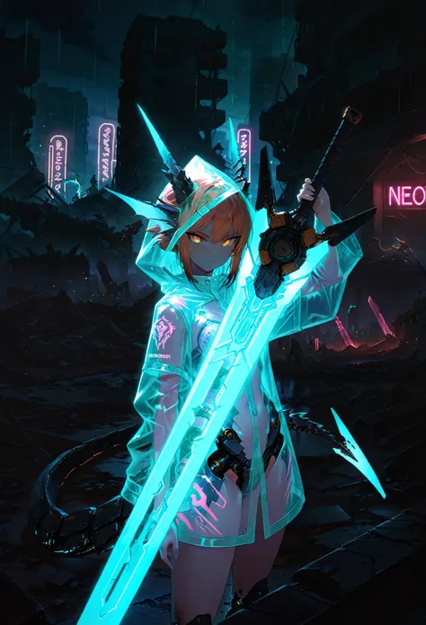 1girl, masterpiece, neon lights, night, battlefield, ruins, cityscape, cowboy shot, see-through holographic clothing, see-through raincoat, dragon horns, mechanical tail, mecha musume, tsurime, holding greatsword, huge weapon, fin funnels, pose, glowing, d...