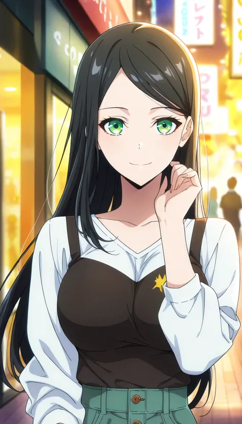score_9, score_8_up, score_7_up, score_6_up, anime screencap, (masterpiece), (best quality), 1girl, solo, dynamic lighting, ((casual fashion)), (large full breasts), smile, looking at viewer, long hair, swept bangs, parted bangs, black hair, green eyes, da...