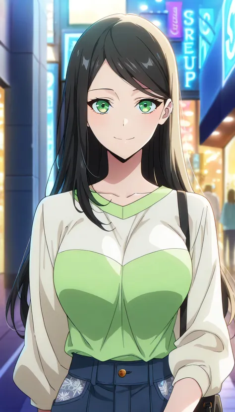 score_9, score_8_up, score_7_up, score_6_up, anime screencap, (masterpiece), (best quality), 1girl, solo, dynamic lighting, ((casual fashion)), (large full breasts), smile, looking at viewer, long hair, swept bangs, parted bangs, black hair, green eyes, da...