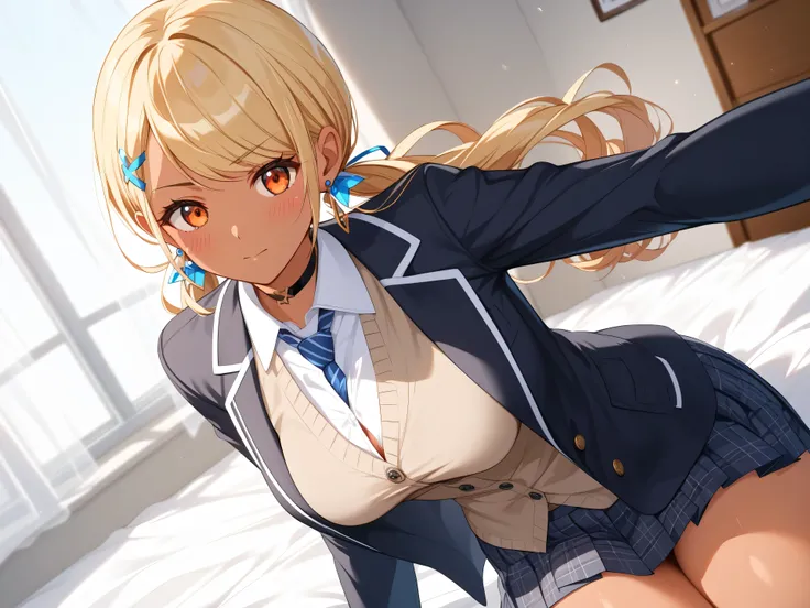 master piece、Best Quality,Super detailed,High resolution,Extremely detailed CG,Unity 8K Wallpaper,weat,score_9, score_8_up, score_7_up, score_6_up, score_5_up, score_4_up, source_anime,QpiOriginal, orange eyes, dark skin, blonde hair, long hair, swept bang...