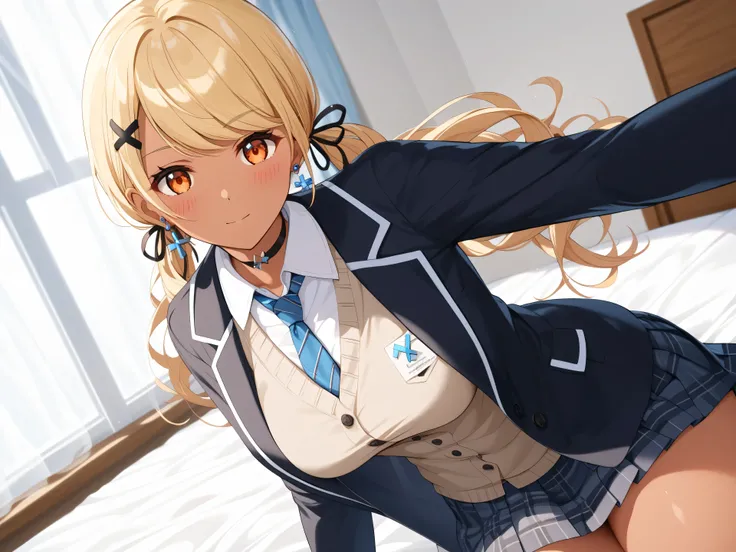 master piece、Best Quality,Super detailed,High resolution,Extremely detailed CG,Unity 8K Wallpaper,weat,score_9, score_8_up, score_7_up, score_6_up, score_5_up, score_4_up, source_anime,QpiOriginal, orange eyes, dark skin, blonde hair, long hair, swept bang...