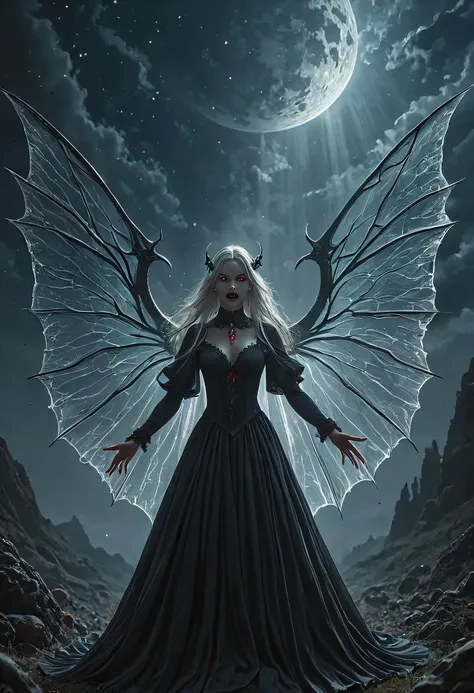 dark fantasy art, a picture of a fantasy, a beautiful female vampire, best detailed face,  pale skin, white hair, glowing eyes, vampire fangs, red eyes, wearing black dress, transparent fabric dress, goth dress, small cleavage, intricate dress, it is night...