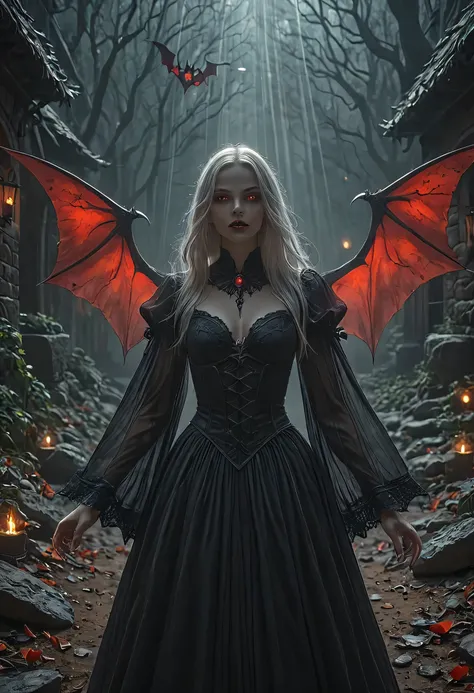 dark fantasy art, a picture of a fantasy, a beautiful female vampire, best detailed face,  pale skin, white hair, glowing eyes, vampire fangs, red eyes, wearing black dress, transparent fabric dress, goth dress, small cleavage, intricate dress, it is night...