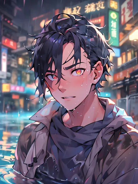 black hair, short hair, pointy hair, glowing eyes, unconscious, anime style, anime, anaglyph, from above, Ultra-Wide Angle, masterpiece, anatomically correct, high details, high quality, best quality, highres, water surface，Male Characters，male focus，man，D...