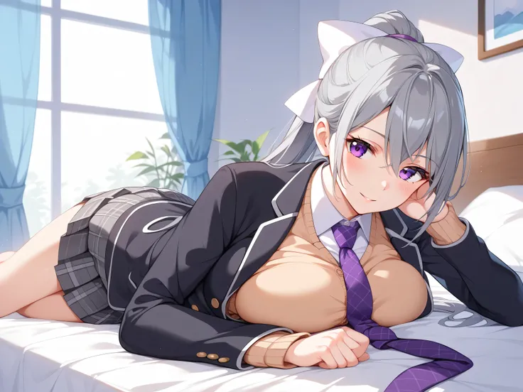 1woman,best quality,ultra-detailed,high resolution,extremely detailed CG,unity 8k wallpaper,score_9, score_8_up, score_7_up, source_anime,hk1, purple eyes, grey hair, hair between eyes, long hair, ponytail, bow, white bow、 shirt, white shirt, necktie, purp...