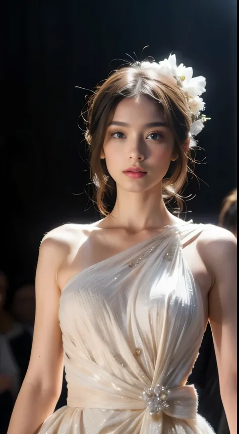 (Ultra-detailed, A high resolution, Masterpiece:1.2), professional, Perfectcomposition,Vibrant colors, Stunning lighting, Fashion show, Charismatic model, posing elegantly, detailed outfits, Catwalk, Stylish atmosphere, mesmerizing looks,Exquisite facial f...