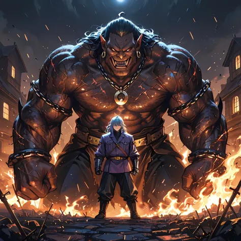 {man1}:(man1 who looks like Manjiro Sano, human ears, thirty-two year old man, wavy hair, strong-bodied man, developed physique: 1.2, muscular body: 1.2, purple jacket, gray turtleneck underneath the jacket, gold belt on long pants, black army pants, silve...