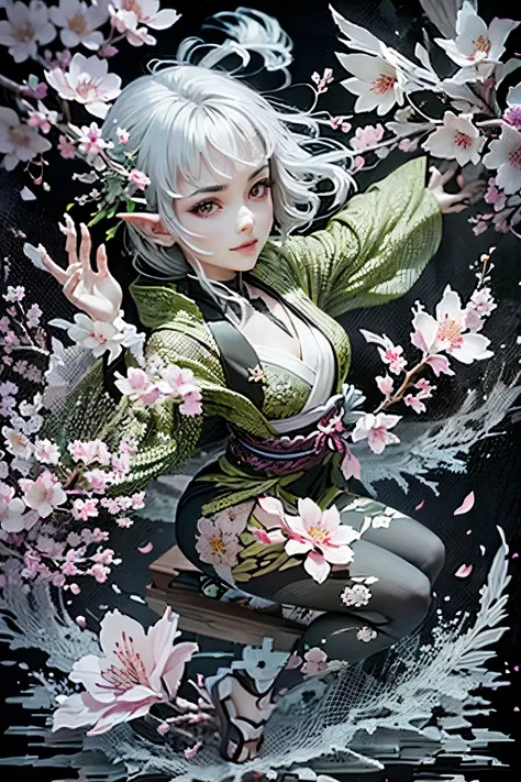(Ultra-detailed face, Looking away, Gothic Illustration, Dark tone colors.  She has five fingers on her hands and five toes on her feet.), BREAK 
(The small pale moon shines late at night. Cherry blossoms in full bloom. Fantastic. Mysterious. Elegant. Cove...