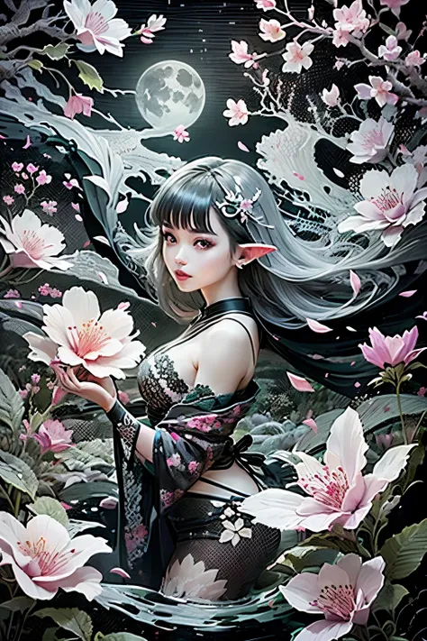 (Ultra-detailed face, Looking away, Gothic Illustration, Dark tone colors.  She has five fingers on her hands and five toes on her feet.), BREAK 
(The small pale moon shines late at night. Cherry blossoms in full bloom. Fantastic. Mysterious. Elegant. Cove...