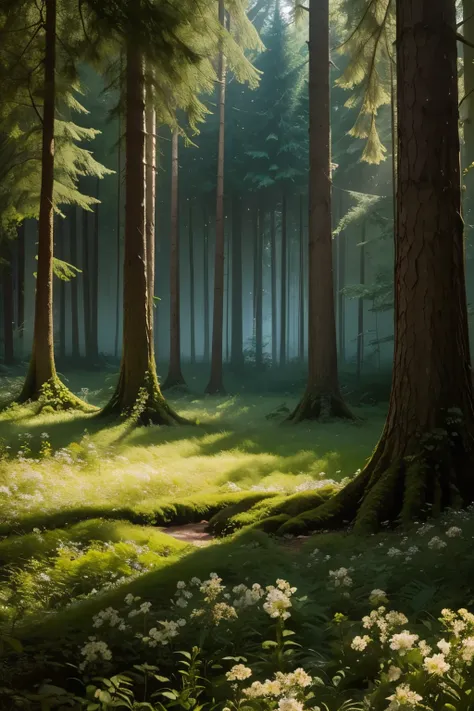 In this enchanting scene, the camera is situated among treetops, offering a low-angle perspective amidst a whimsical atmosphere. The composition features a kaleidoscope of vibrant flowers swaying gently in the breeze, with towering trees stretching towards...