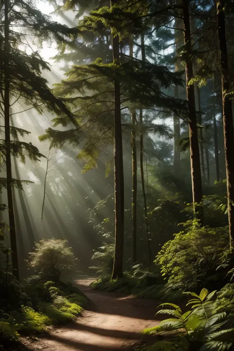 In this enchanting scene, the camera is situated among treetops, offering a low-angle perspective amidst a whimsical atmosphere. The composition features a kaleidoscope of vibrant flowers swaying gently in the breeze, with towering trees stretching towards...
