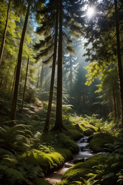 In this enchanting scene, the camera is situated among treetops, offering a low-angle perspective amidst a whimsical atmosphere. The composition features a kaleidoscope of vibrant flowers swaying gently in the breeze, with towering trees stretching towards...