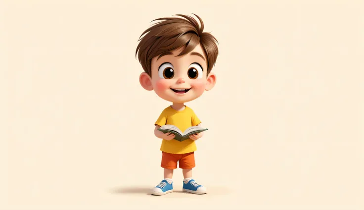 boy with brown hair , blue big eye, yellow shirt, short pant , Picking the book looking front and smile and stand , logo style