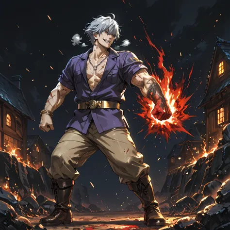{man1}:(man1 similar to Manjiro Sano, human ears, thirty-two year old man, wavy hair, strong-bodied man, developed physique:1.2, muscular body:1.2, purple jacket, gray turtleneck underneath the jacket, gold belt on long pants, black army pants, silver chai...