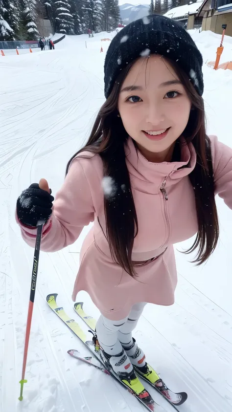 ((pink dress)),(skirt),(ski shoes),(Women's College),( white socks),(Skis),(((Skiing down a snowy mountain slope))),Ski resort, Snow Scenery ,(beautiful black long hair:1.2),beautiful eyes,light in eyes,(thighs),slender body,(Japanese),(((cute face))),big ...