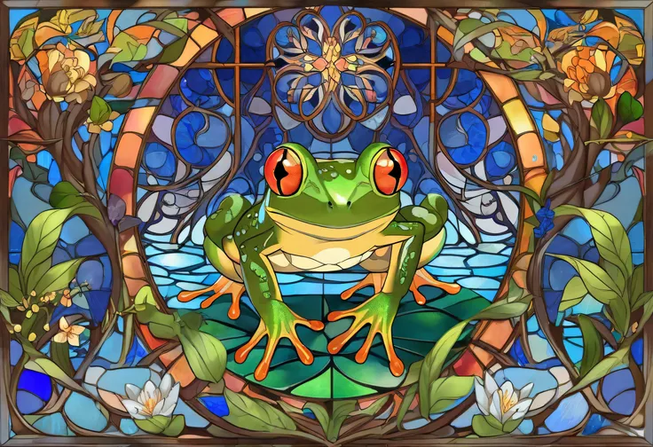 fantastic,Stained Glass,8K High Definition Detailed Art, highly detailed digital art,beautiful digital paint, Little Crow Frog,Dynamic Frog,No branches ,From the front