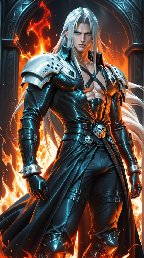 (TangoBat:0.7),(Sakimichan:0.7), 1boy,male, Sephiroth final fantasy, long hair, Silver hair, long black jacket, black pants, armor, shoulder pads, background of flames, wallpaper, extremely detailed, masterpiece, best quality,absurdres