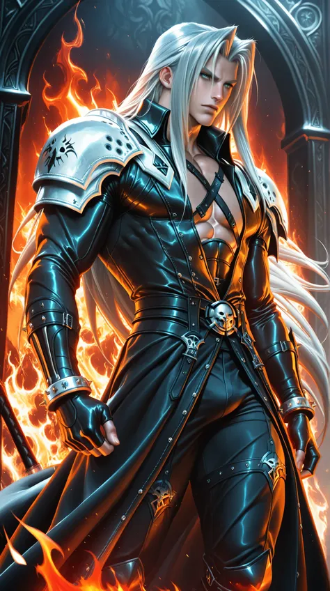 (TangoBat:0.7),(Sakimichan:0.7), 1boy,male, Sephiroth final fantasy, long hair, Silver hair, long black jacket, black pants, armor, shoulder pads, background of flames, wallpaper, extremely detailed, masterpiece, best quality,absurdres