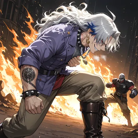 ((Ano Danchi no Tsuma-tachi wa... The animated anime style:1.4)), {man1}:(man1 similar to Keisuke Baji, human ears, thirty-two-year-old man, wavy hair, strong-bodied man, developed physique:1.2, muscular body:1.2, purple jacket, gray turtleneck under the j...