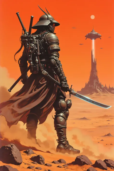 A colorful, ultra-detailed, high-resolution illustration of an imposing cyberpunk samurai, merging biomechanical elements and organic matter into his armor. Its design combines traditional Japanese influences with advanced technology, drawing inspiration f...