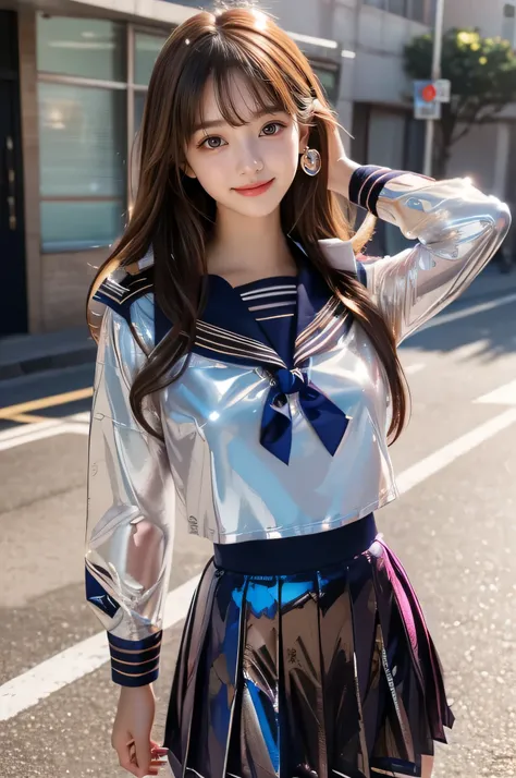 (super cute young face:1.3),(Very beautiful cute girl),(baby face),(sparking clear attractive large eyes:1.2), Beautiful detailed eyes, Detailed double eyelids, smiling, (realistic photograph:1.1), in the street,
(super shiny metallic red sailor high scho...