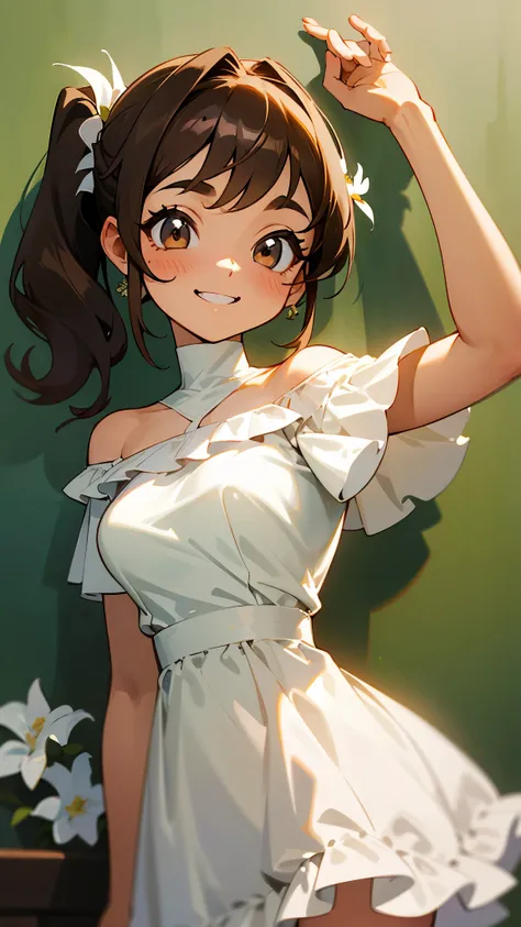 Masterpiece、top quality、high resolution、one girl、 solo、big eyes、Dark brown eyes、light brown hair、side ponytail on the wall:1.3、 Big Rich Breasts 、stupid hair、plain white off shoulder dress:1.3、Short sleeve、 frill、white flower on light background、grin、Smoot...