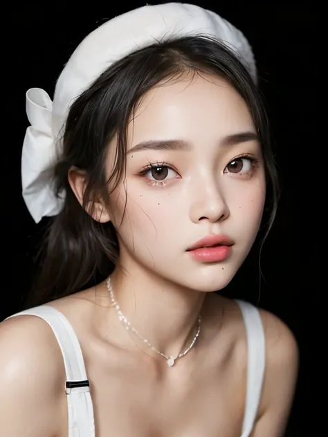 Kim Jennie with black hair, with curlers at the ends, Brown eyes, beautiful eyes, crying eyes, beautiful, splash your nose, watery nose, beautiful lips, pink lips, heart and cupid shaped lip, beautiful skin, pale white skin, with moles and freckles all ove...
