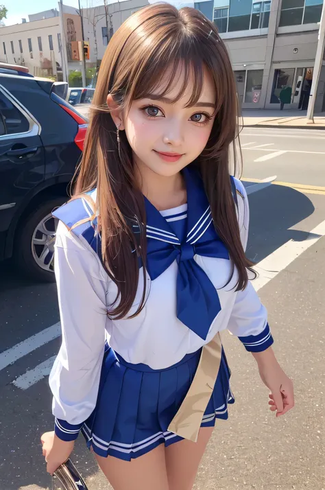 (super cute young face:1.3),(Very beautiful cute girl),(baby face),(sparking clear attractive large eyes:1.2), Beautiful detailed eyes, Detailed double eyelids, smiling, (realistic photograph:1.1), in the street,
(super shiny metallic blue sailor high sch...