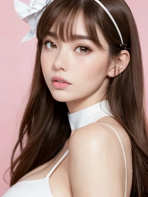 Kim Jennie with white brown hair, with curlers at the ends, with two bows on each side of the hair, all her white hair brown, with a star clip in her white brown hair, light colored eyes, beautiful eyes, crying eyes, beautiful, splash your nose, watery nos...