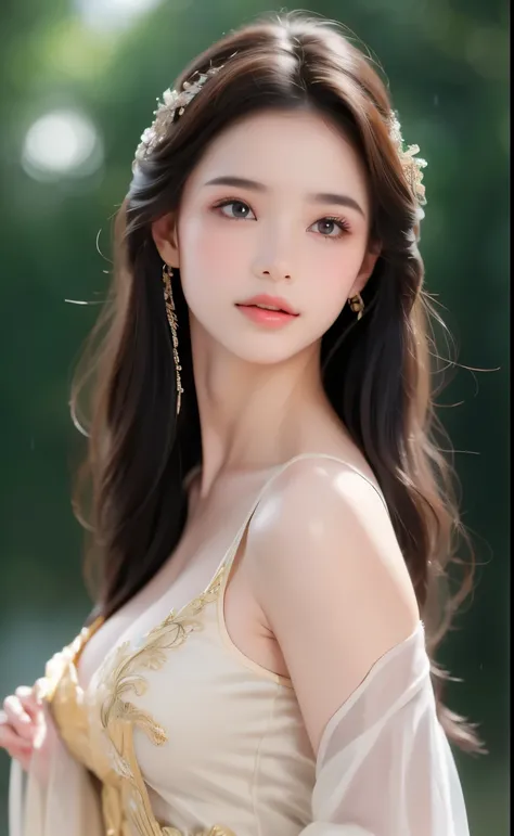((Best Quality, 8k, Masterpiece: 1.3)), Focus: 1.2, Perfect Body Beauty: 1.4, Buttocks: 1.2, ((Layered Haircut)), (Wet Clothes: 1.1), (Rain, Street:1.3), (Breasts: 1.2), (Hanfu: 1.2), Bare Shoulders, Bare Legs, Highly Detailed Face and Skin Texture, Fine E...