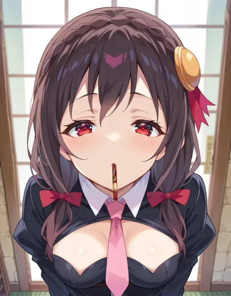 high image quality,high quality DVD、 
Yunyun、 (One person)、black hair, Hair Accessory, red eyes,  long sleeve, tie,   Outfit Cutout, cleavage cutout, pink tie、See viewer、(cover:1.2)、(look up:1.2)、(Only the upper body is visible),interior、(The expression wa...
