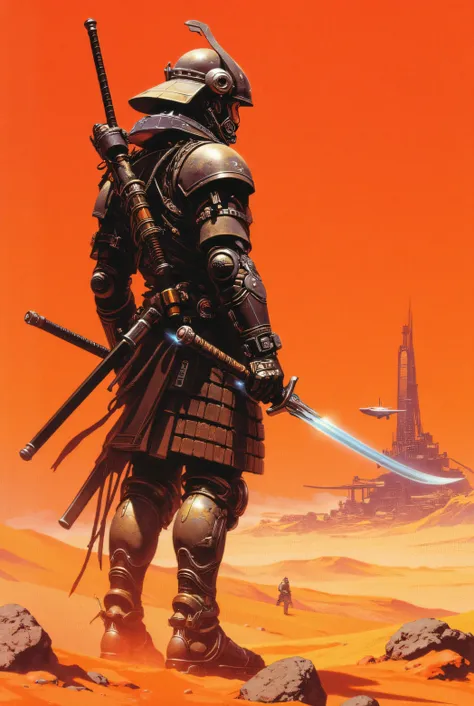 A colorful, ultra-detailed, high-resolution illustration of an imposing cyberpunk samurai, merging biomechanical elements and organic matter into his armor. Its design combines traditional Japanese influences with advanced technology, drawing inspiration f...