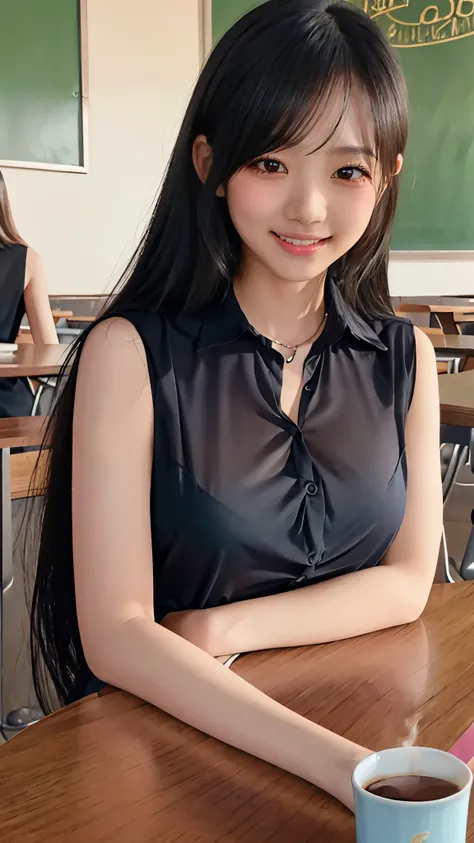 (Dable Top), (((Beautiful breasts on the tabletop, breasts on table))), (Baby Face, Young Face, HIGH SCHOOL GIRLS)、(sleeveless see-through blouse)、knee length long pencil skirt, black hair, (Beautiful girl sitting in a stylish coffee shop)、((slender body l...