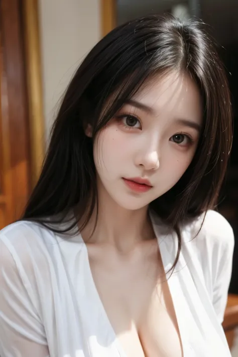 white shirt girl looking at camera with a erotic face and black long hair and exposed clevage